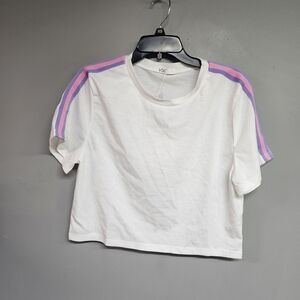Women's Large White Crop Top with Pink and Purple Strip Accents